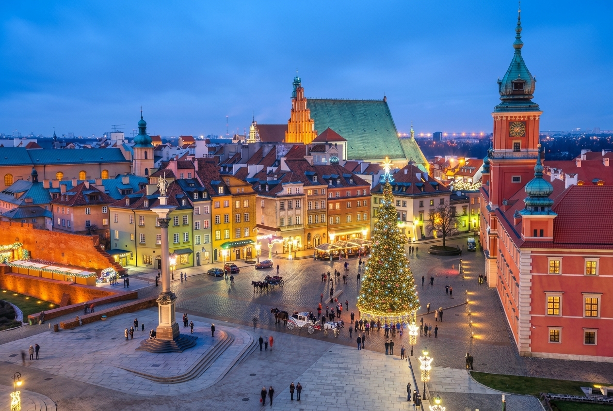 Piazza del Castello a Varsavia illuminata al tramonto con l'albero di Natale e il Castello Reale.
